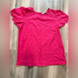 Pink eyelet blouse with short sleeves size 10 chest is 17, length is 24